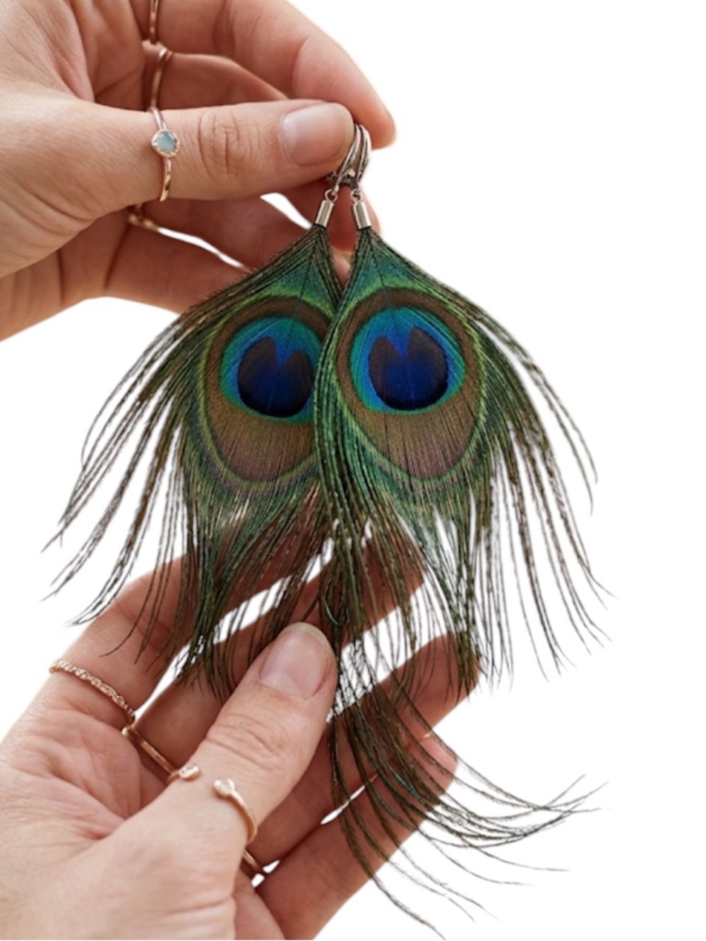 NWT Peacock Feather Dangle Earrings Boho Blue Green Statement Jewelry